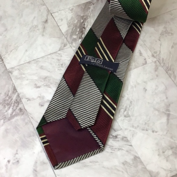 Polo Ralph Lauren 100% Silk stripe Repp Tie, green and burgundy stripe. - Picture 6 of 7